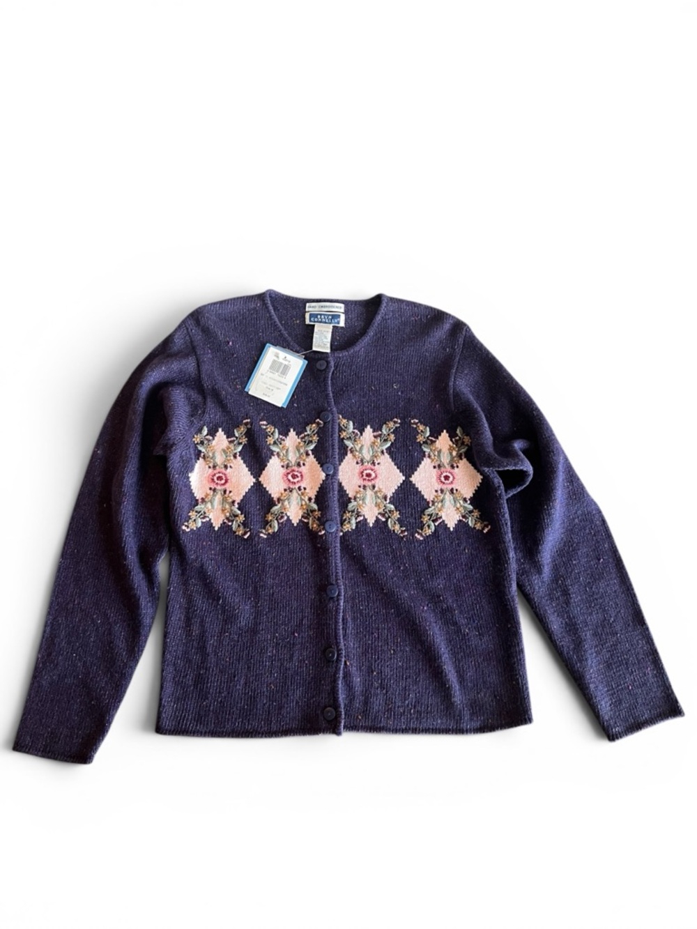 Bryn Connelly VTG Cardigan Sz M Purple Hand Embroidered Argyle Cottagecore Fall